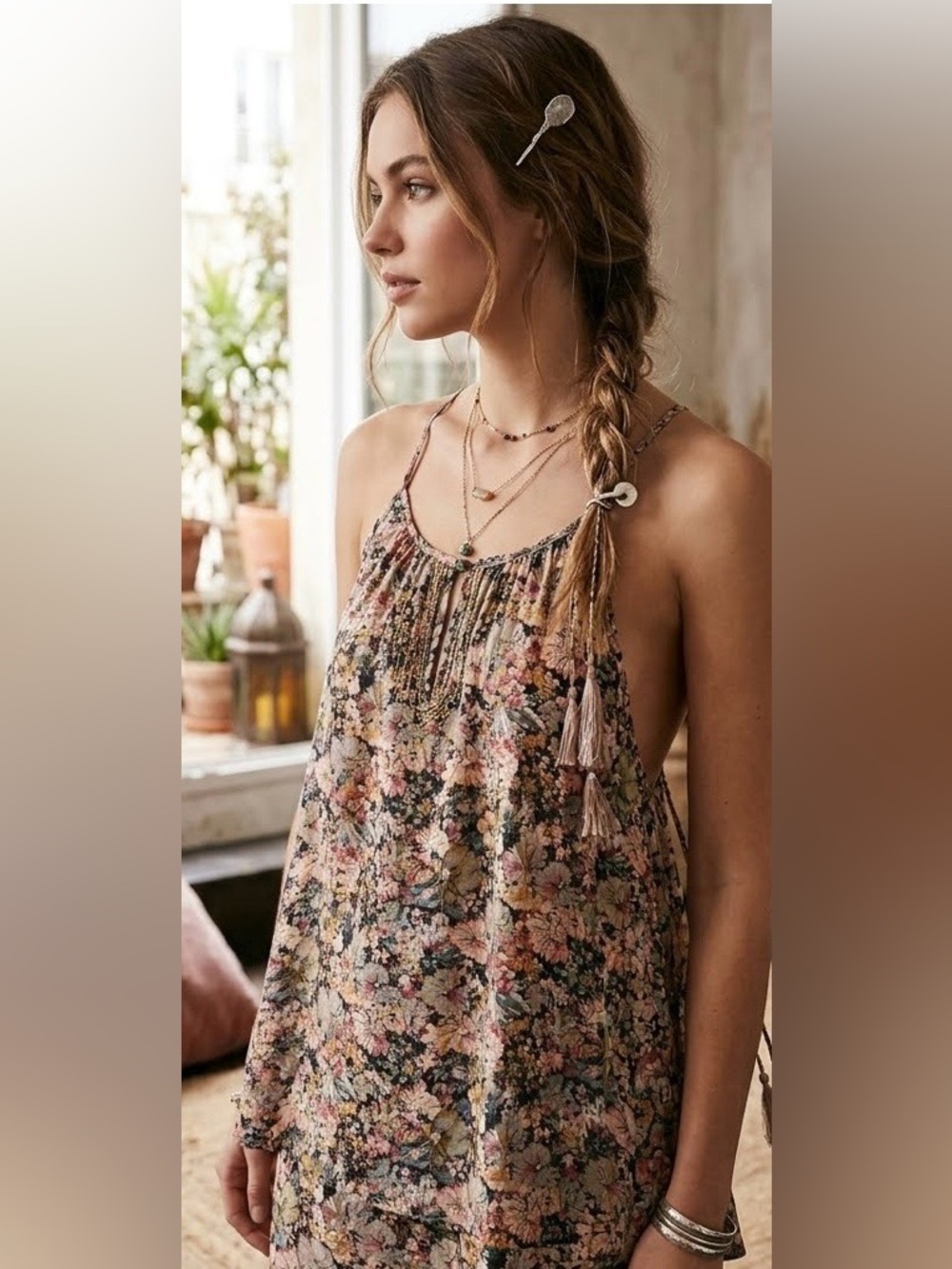 Floral Spaghetti-Strap Haltertop Sleeveless Top in Blush & Olive Size Large - Picture 2 of 6